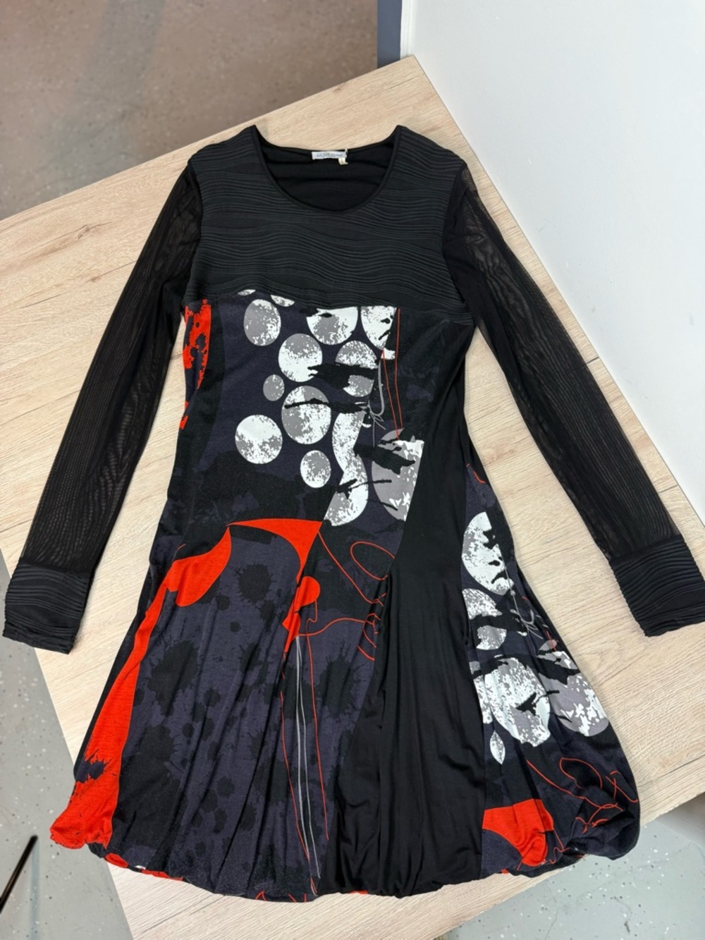 Dzhavael Couture Bubble Hem Long-Sleeve Abstract Print Mixed-Media Midi Dress XL